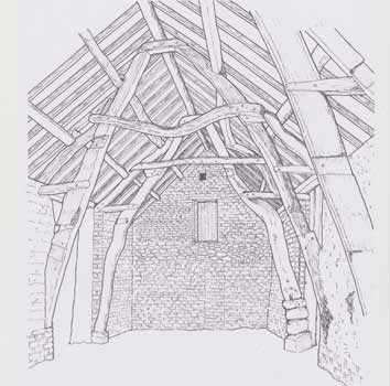 drawing of a cruck, Cross Farm, by Richard Wilson